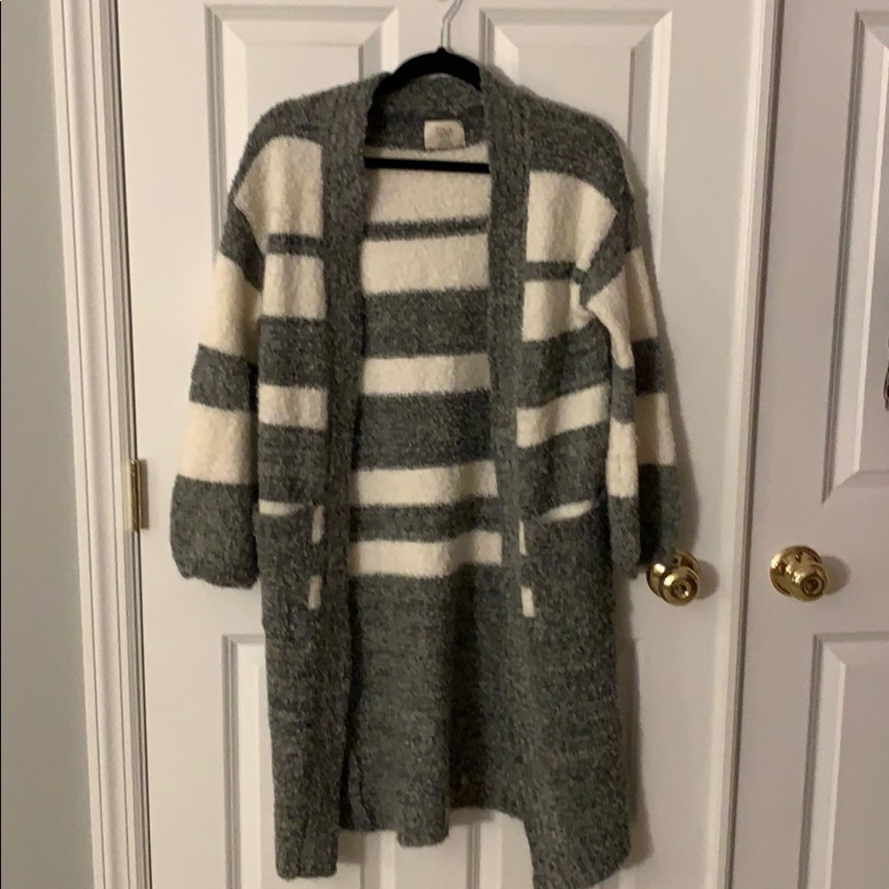 Long acrylic/wool blend sweater with stripes